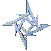 Animated sequence of rotating star-shaped geometric patterns with blue and dark gray elements on a light gray background.