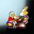 Pixelated figure in red top and purple pants plays drums with yellow cymbals against light blue and dark gradient background.