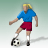 Pixelated figure in blue shirt and red shorts kicking a black-and-white soccer ball on gradient background.