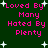 Dark green background with white starbursts and pink pixelated text reading "Loved By Many Hated By Plenty" in two identical vertical