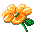 Pixelated orange flower with green stem and leaves in various open states on gray background.