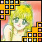 Pixelated anime-style character with blonde hair and green eyes, framed by geometric patterns in orange, white, black, and pink