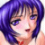 Pixelated anime-style portrait of a person with short purple hair, closed eyes, and a red collar visible at the neck.