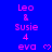 Blue background with pink text reading "Leo & Susie 4 eva" repeated in a pattern, each instance accompanied by a small heart symbol