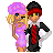 Pixel art contact sheet showing six animated frames of a couple with blonde woman in purple dress and black/red man, plus text fragments "there aint nuthin' like the real thing baby" on white background.
