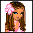 Pixelated cartoon girl with brown braided hair and pink flower accessory, wearing pink top, against white background with text elements.
