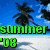 Pixelated summer-themed icon with palm trees, beach, and text elements in green and yellow.