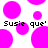 Static image with bright pink circles on white background and repeated black text 'Susie que' in pixelated font.