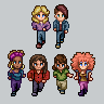 Pixel art animation of two characters walking side-by-side, shown from multiple angles including front, back, and three-quarter views against a solid gray background.