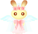 Pixelated bunny angel with brown ears, pink dress, white wings, and flower crown holding a green star on left side.