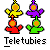 Four pixelated flower-like figures with colored petals and stems arranged in a 2x2 grid above the text "Teletubies".