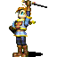 Pixelated character in blue and yellow armor holding a sword above head, standing against gray background with two distinct poses.