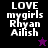 Four display 'LOVE mygirls Rhyan Ailish' text with a star symbol; two backgrounds alternate between black and purple, one shows a black star while another has a purple star