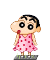 Pixel art character in pink polka-dot dress with red lips, transitioning from standing pose to arms-raised and then to hands-on-hips poses.