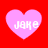 Four pink heart shapes with white text 'Jake' on a red background, arranged in a