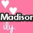 Pixelated pink background with white hearts and the name 'Madison' in bold black-outlined text.