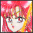 Pixelated anime-style character with red hair and golden headpiece against pink and yellow background, next to black with white text
