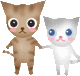 Four pixelated cat avatars with large eyes and pink cheeks stand in a against a gray background, each with distinct coloration and expressions