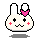 Pixel art bunny head with pink bow, black eyes, red cheeks, and mouth expressions changing between neutral, smiling, and tongue-out poses.