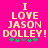 Pixelated yellow text on bright pink background reads "I LOVE JASON DOLLEY!" with green and gray star-like symbols below.