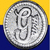 Static circular icon with silver metallic texture and stylized text on a yellow-and-blue background.