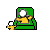 Pixelated green chair with yellow figure holding white cup, displaying text variations and motion effects across frames.