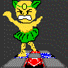 Pixelated yellow creature with green leaf-like ears and skirt, standing on red-and-blue base against dark gray background, displaying multiple dynamic poses.