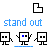 Pixelated character icons with blue text 'stand out' and L-shaped corner symbols, showing animation changes in arm positions and a single blue eye pixel.
