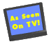 Animated sequence of a television set displaying "As Seen On TV!" text on blue screen, rotating through multiple angles against gray background.