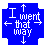 Blue square icon with white pixelated text reading "I went that way" and four directional arrows pointing up, down, left, right.