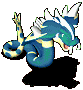 Blue and white dragon with yellow accents curled in a loop, mouth open showing teeth, head turning left to right