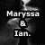 Pixelated black-and-white image with text 'Maryssa & Ian.' overlaid on a blurred figure holding an object.
