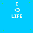 Blue background with green dots, repeated white text "I <3 LIFE" in three , gray rectangle in bottom-right corner