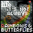 Animated contact sheet of 18 frames showing a rainbow-striped butterfly with text overlays on a dark background, featuring subtle color variations in the butterfly's stripes and floating particles across frames.