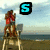 Animated sequence showing two figures on a beach structure with changing text symbols above them against a sky and ocean backdrop.