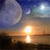 A static pixelated image depicts a sunset over water with a large moon and a bright sun, rendered in warm orange and cool blue tones.