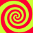 Four red and yellow spiral patterns arranged in a on a bright background