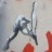 Pixelated static image of a stylized figure with outstretched limbs against a muted background, featuring red and gray tones.