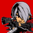 A 48x48 pixel animated buddy icon featuring a character with silver hair and black clothing against a red background, transitioning to stylized text on a black background.