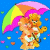 A pixelated cartoon bear holding a rainbow umbrella on a blue background with scattered colored dots, next to green text reading "Original Icons .com" on a dark green background.