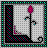 Pixel art icon featuring a stylized flower with magenta bloom and black stem, set against light gray background within decorative border.