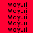 Red background with repeated 'Mayuri' text in black pixelated font, white horizontal bars crossing text in multiple positions across the