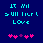 A 48x48 pixel animated buddy icon displaying cyan text and pink hearts on a dark blue background, with two frames showing heart animation changes.