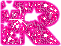 A pink glittery letter R with white star cutouts and scattered sparkles on a gray background.