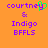 Pixelated orange background with purple text reading "courtney & Indigo BFFLS" and a green heart symbol replacing the 'y' in "courtney" on the left side.