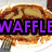 Pixelated image of a waffle on a plate with syrup, fork, and text overlays in purple and black.
