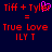 Pixelated red text on dark blue background shows 'Tiff + Tyler = True Love ILY T' with a pink heart replacing the 'o' in 'Tyler' in one view.