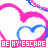 Pixelated heart-shaped design with pink and blue outlines surrounding a white center, featuring text "BE MY ESCAPE" in bold pink blocks at the bottom.