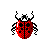 Pixelated red ladybug with black spots and antennae on gray background, next to green text reading Original Icons .com.