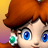 Pixelated close-up of a cartoon character's face with orange hair, blue eyes, and green earrings against a gradient background.